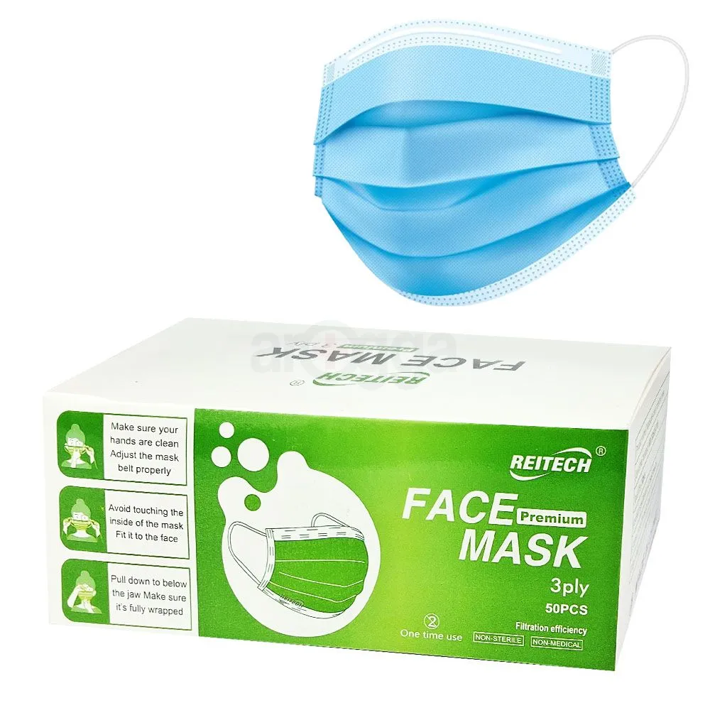 Face Mask Surgical 3 Layers with Nose Pin Black 50pcs Box Blue (Reitech)    