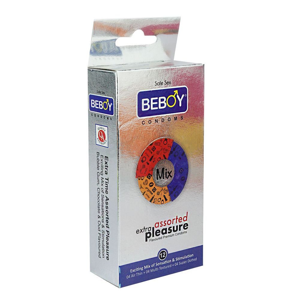 Beboy Mix Extra Assorted Dotted-Ribbed-Contoured-Bulged (Mix Flavoure) Condom - 12Pcs Pack(India)  