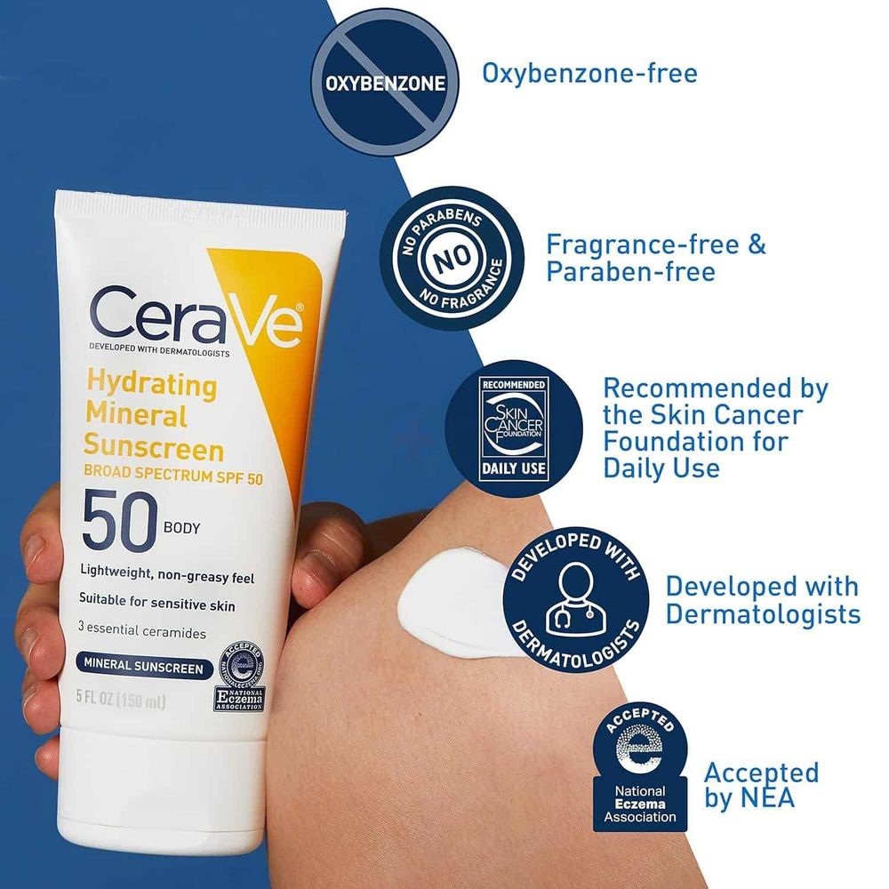 CeraVe Hydrating Mineral Body Sunscreen Broad Spectrum SPF 50 for Sensitive Skin  