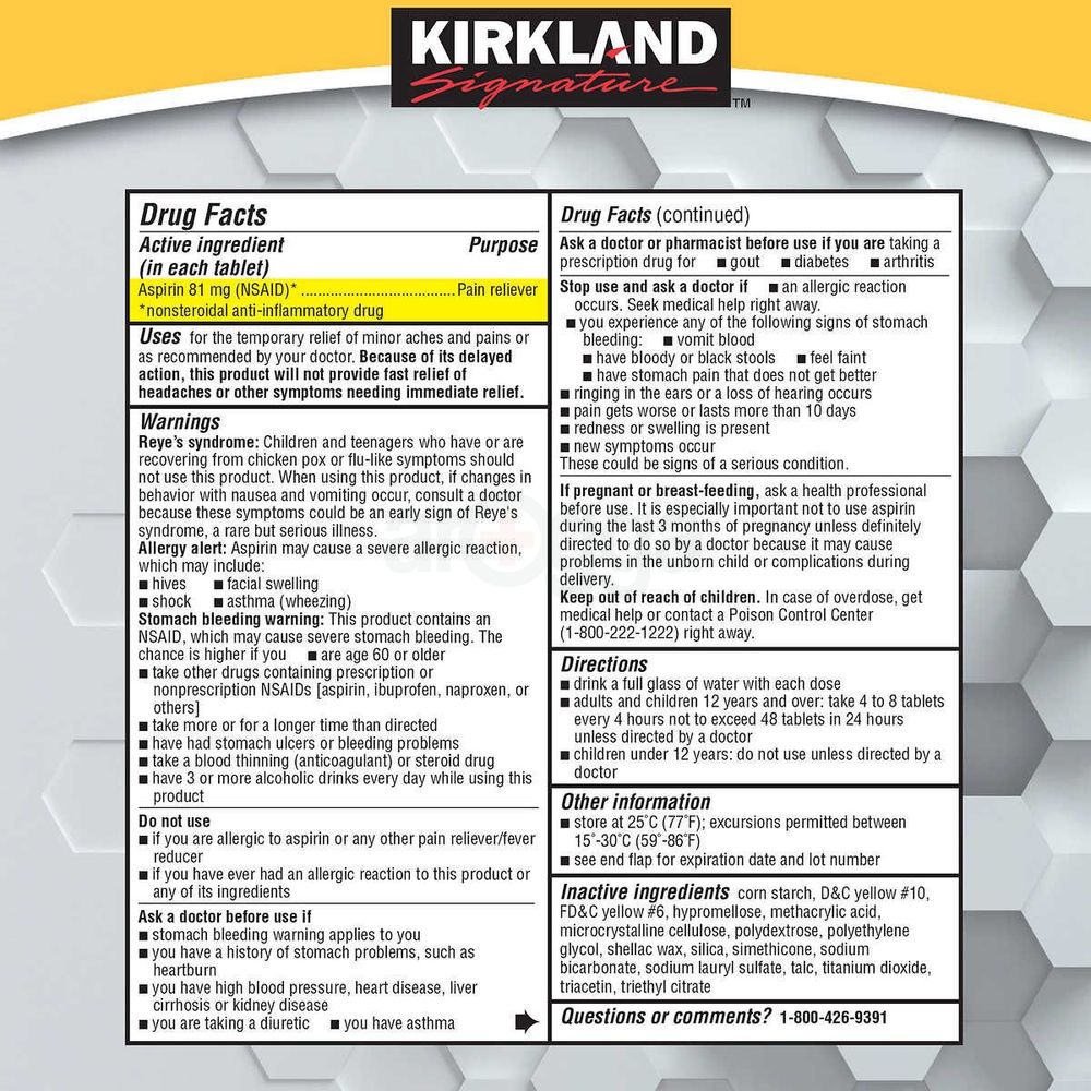 Kirkland Signature Low Dose Aspirin Pain Reliever 81gm Tablet