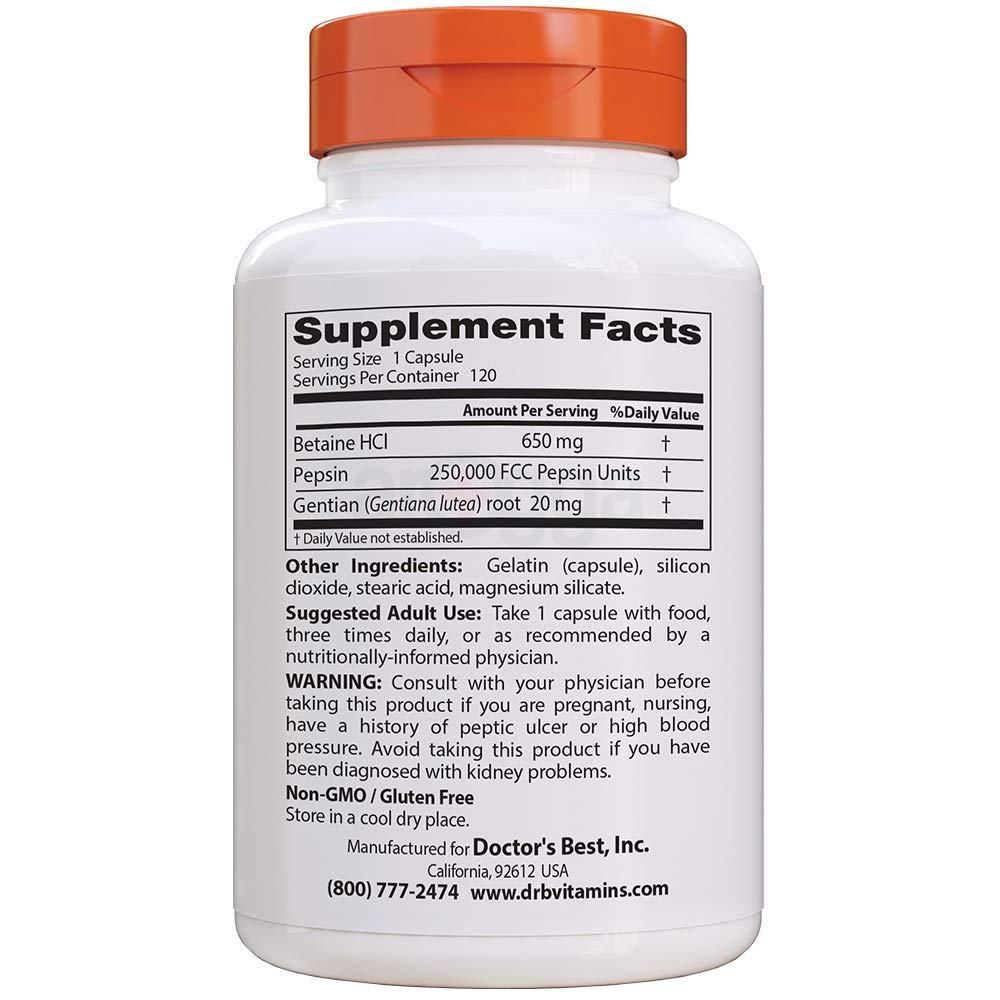 Doctor's Best, Betaine HCI Pepsin & Gentian Bitters, 120 Capsules  