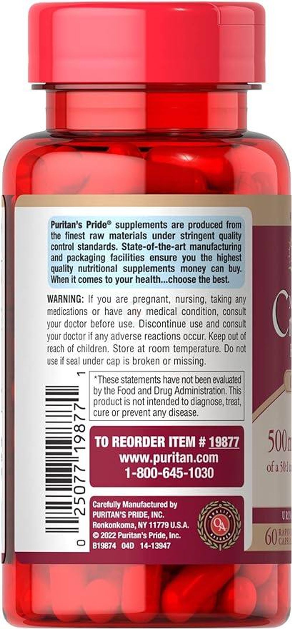 Puritan's Pride Cranberry Fruit Concentrate 500mg 60 Capsules  