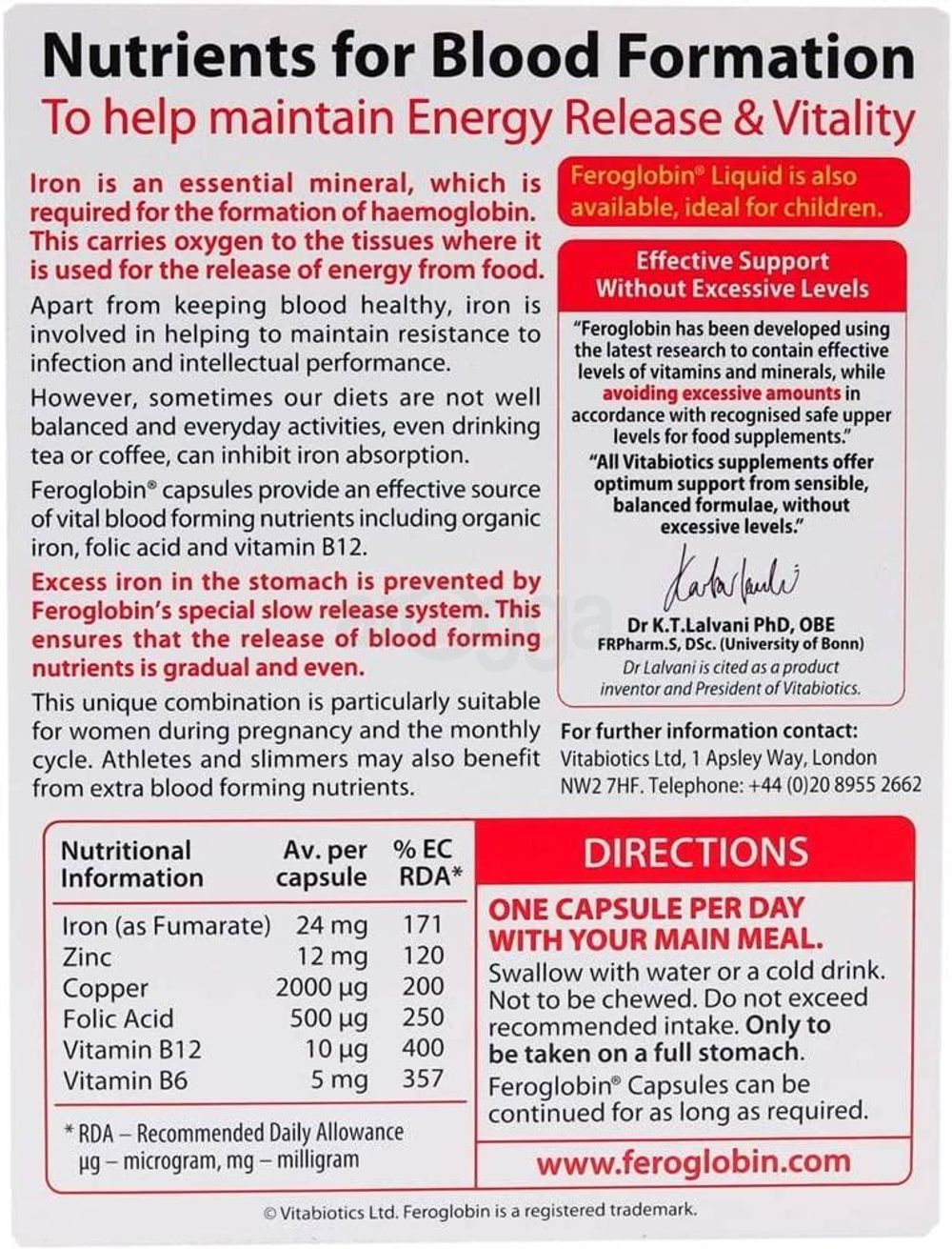 Feroglobin Capsules Gentle Iron, Folic Acid, Vit B12 for Reducing Tiredness & Fatigue  