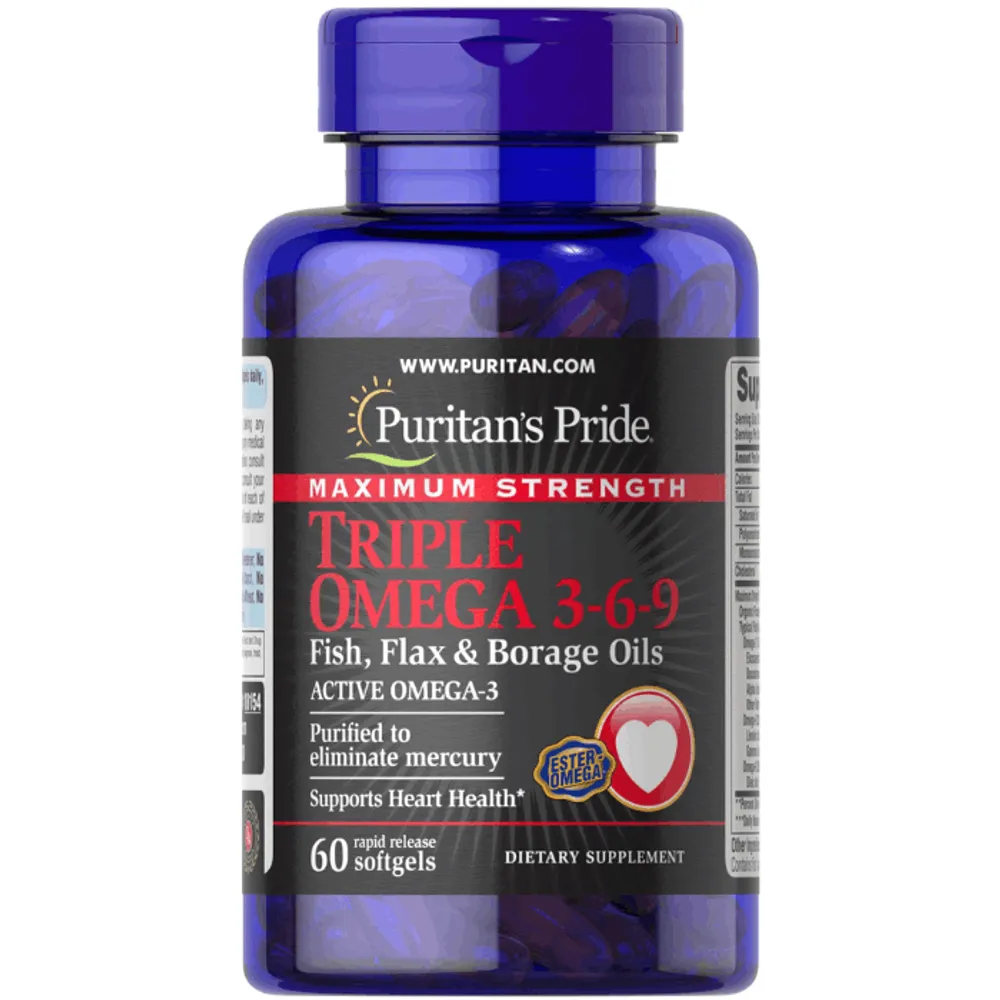 Puritan's Pride Triple Omega 3-6-9 Fish Flax & Borage Oils, 60 Softgels  