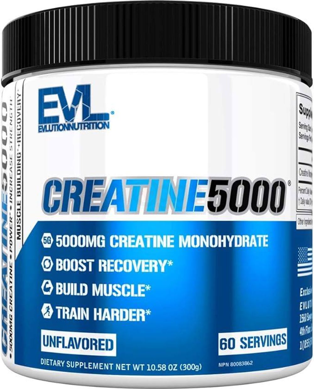 EVL Creatine 5000, Unflavored, 60 Serving 10.58 OZ Powder