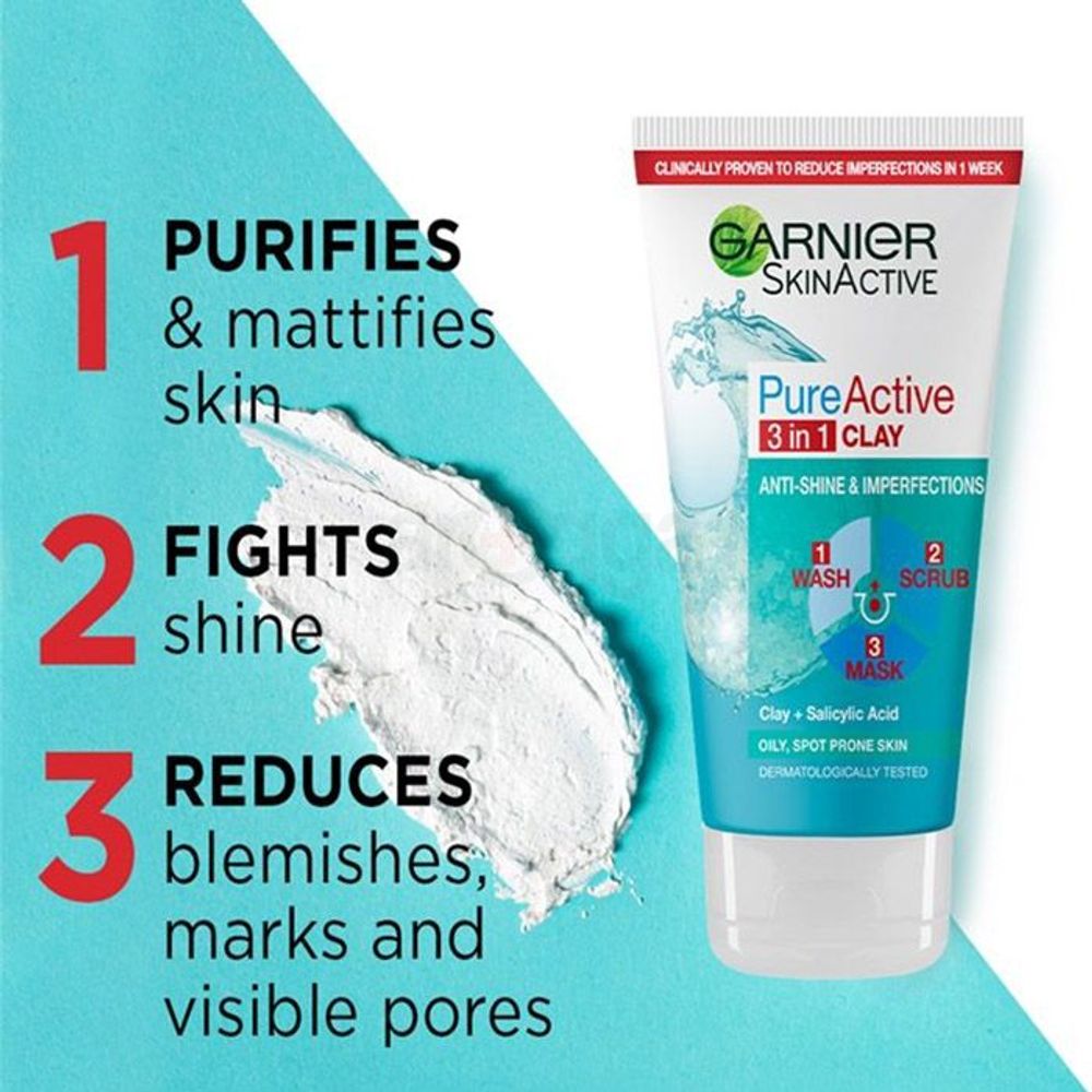 Garnier SkinActive Pure Active 3 in 1 Clay Anti-Shine & Imperfections 150ml  