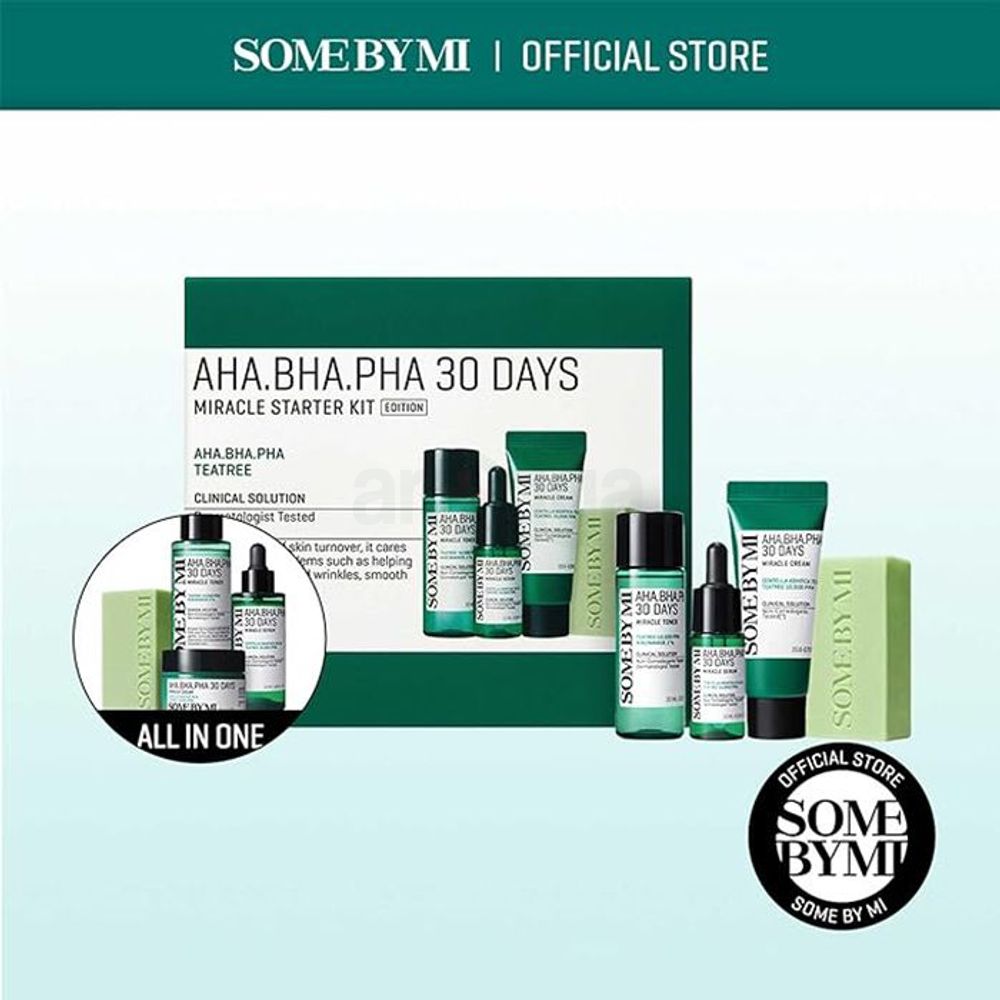 Some By Mi AHA.BHA.PHA 30 Days Miracle Starter Kit - Miracle Cleansing Bar(30g) + Miracle Toner (30ml) + Miracle Serum (10ml) + Miracle Cream (20g)  