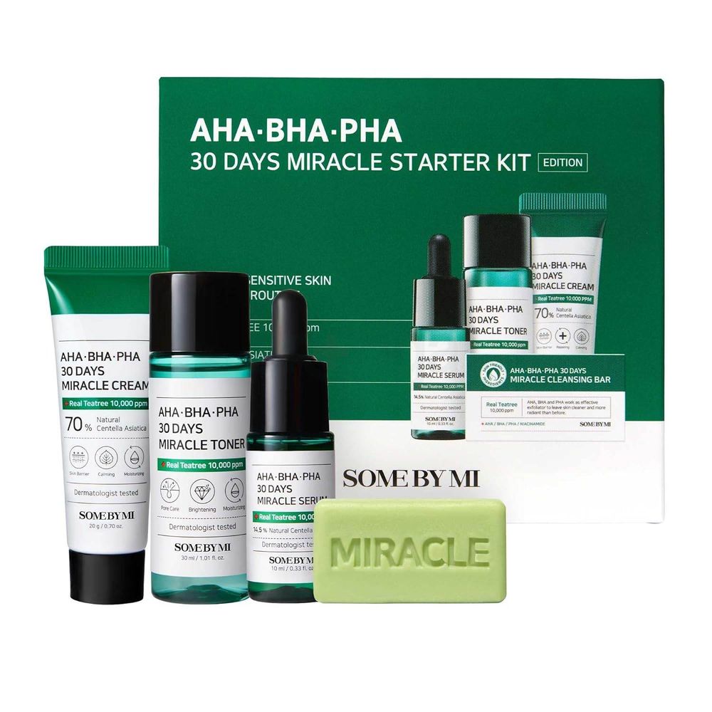 Some By Mi AHA.BHA.PHA 30 Days Miracle Starter Kit - Miracle Cleansing Bar(30g) + Miracle Toner (30ml) + Miracle Serum (10ml) + Miracle Cream (20g)  