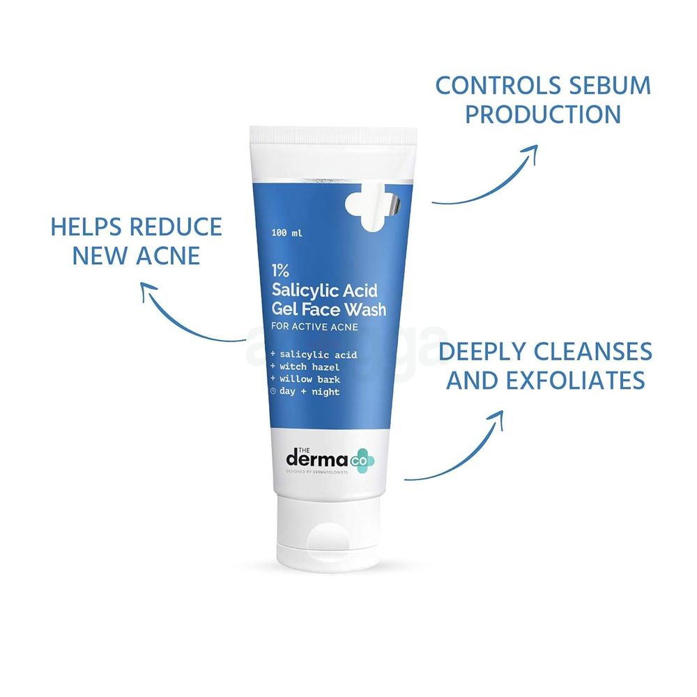 The Derma Co 1% Salicylic Acid Gel Daily Face Wash With Salicylic Acid, Witch Hazel & Willow Black for Active Acne  