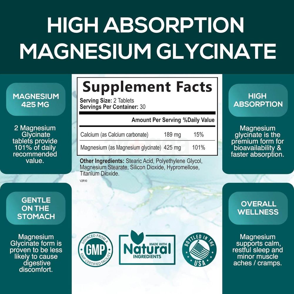 Magnesium Glycinate 425mg with Calcium - Max Absorption Magnesium Tablets for Muscle, Nerve, Bone & Heart Health Support - Vegan, Non-GMO, Gluten Free Nature's Nutrition Supplement - 60 Tablets  