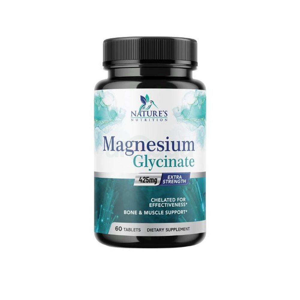 Magnesium Glycinate 425mg with Calcium - Max Absorption Magnesium Tablets for Muscle, Nerve, Bone & Heart Health Support - Vegan, Non-GMO, Gluten Free Nature's Nutrition Supplement - 60 Tablets  