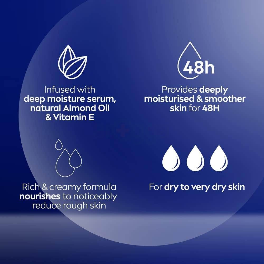 Nivea Rich Nourishing Body Lotion 72h Intense care   With pure Hyaluron, Almond Oil & Vitamin E for Dry to Very Dry Skin (Made in Spain) 400ml  