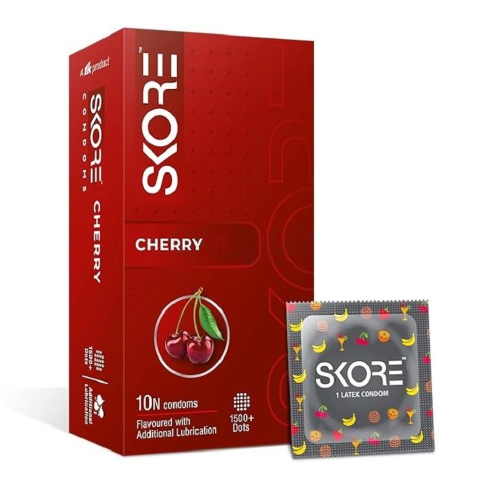 Skore Cherry Flavored 1500+ Dotted with Extra Lubrication Condom - 10pcs Pack  