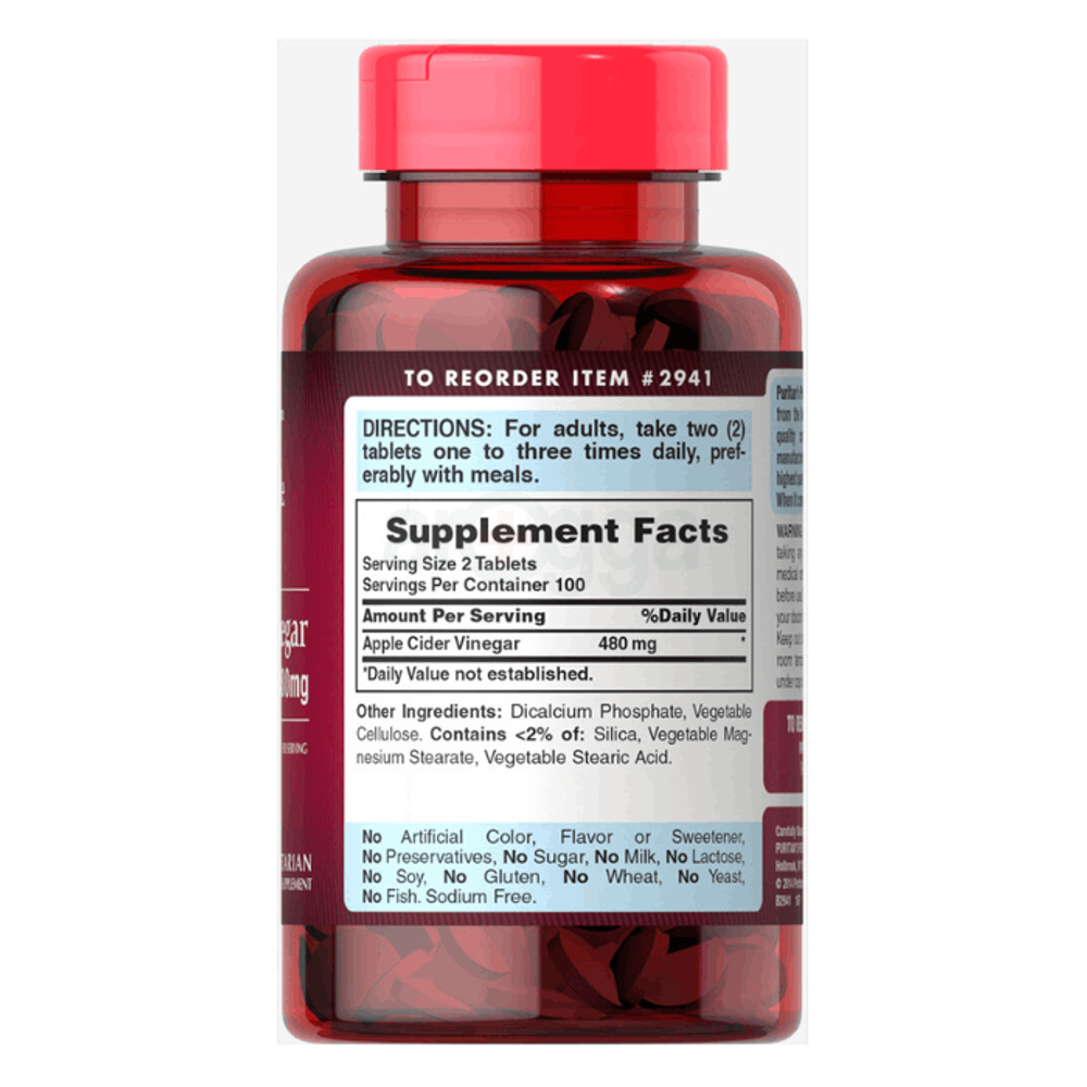 Puritan's Pride Apple Cider Vinegar 480 mg 200 Tablets,  