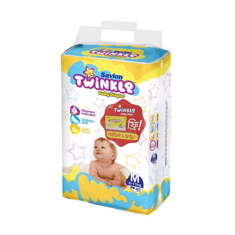 Savlon Twinkle Baby Belt Diaper Medium 40 pcs and Get Twinkle baby Soap 75g  