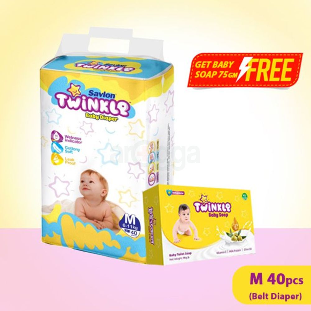 Savlon Twinkle Baby Belt Diaper Medium 40 pcs and Get Twinkle baby Soap 75g  