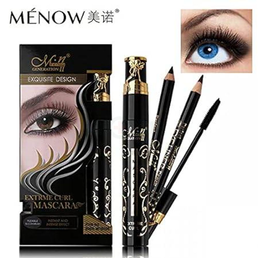 Menow Generation 2 Extreme Curl Mascara With 2 Eyeliner Pencils (Brown & Black)  