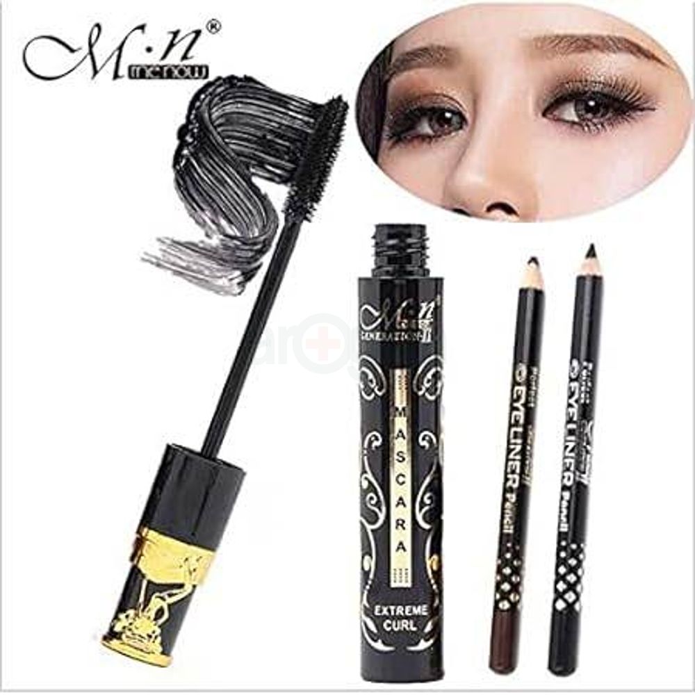 Menow Generation 2 Extreme Curl Mascara With 2 Eyeliner Pencils (Brown & Black)  