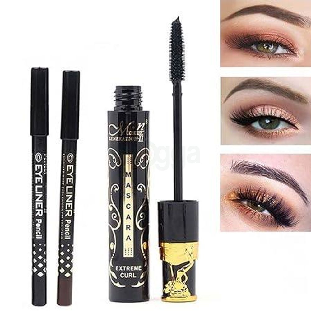 Menow Generation 2 Extreme Curl Mascara With 2 Eyeliner Pencils (Brown & Black)  