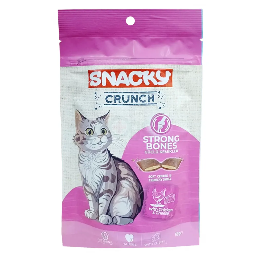 Snacky Crunch Dry Cat Treat Strong Bones - Chicken & Cheese - 60gm Pouch  