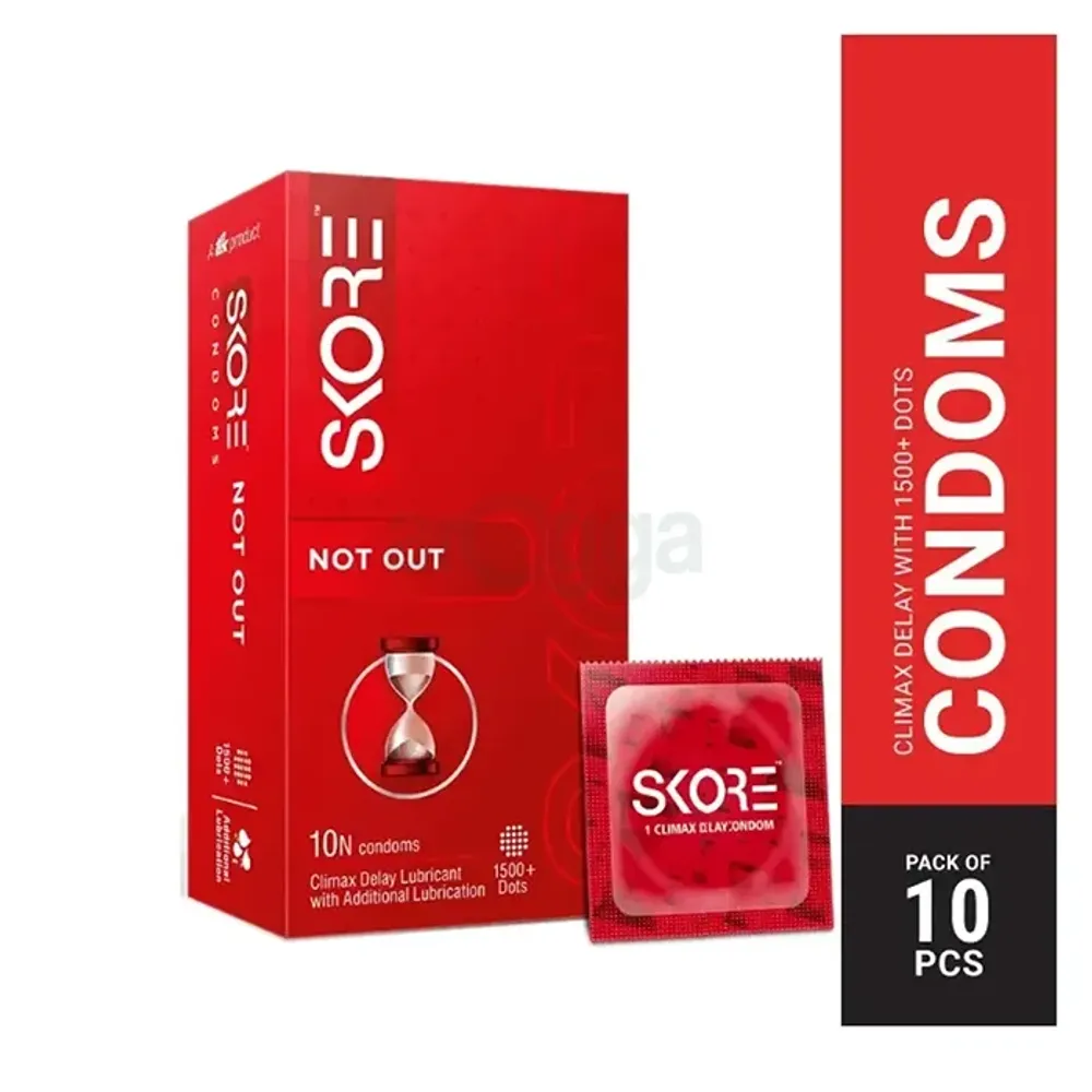 Skore Not Out Climax Delay Dotted Condoms - 10pcs Pack (Made in India)  