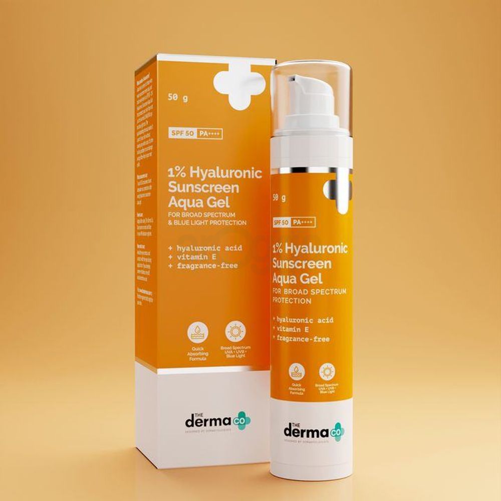 The Derma Co 1% Hyaluronic Sunscreen SPF50 PA++++ Aqua Gel for Broad Spectrum & Blue Light Protection 50gm  
