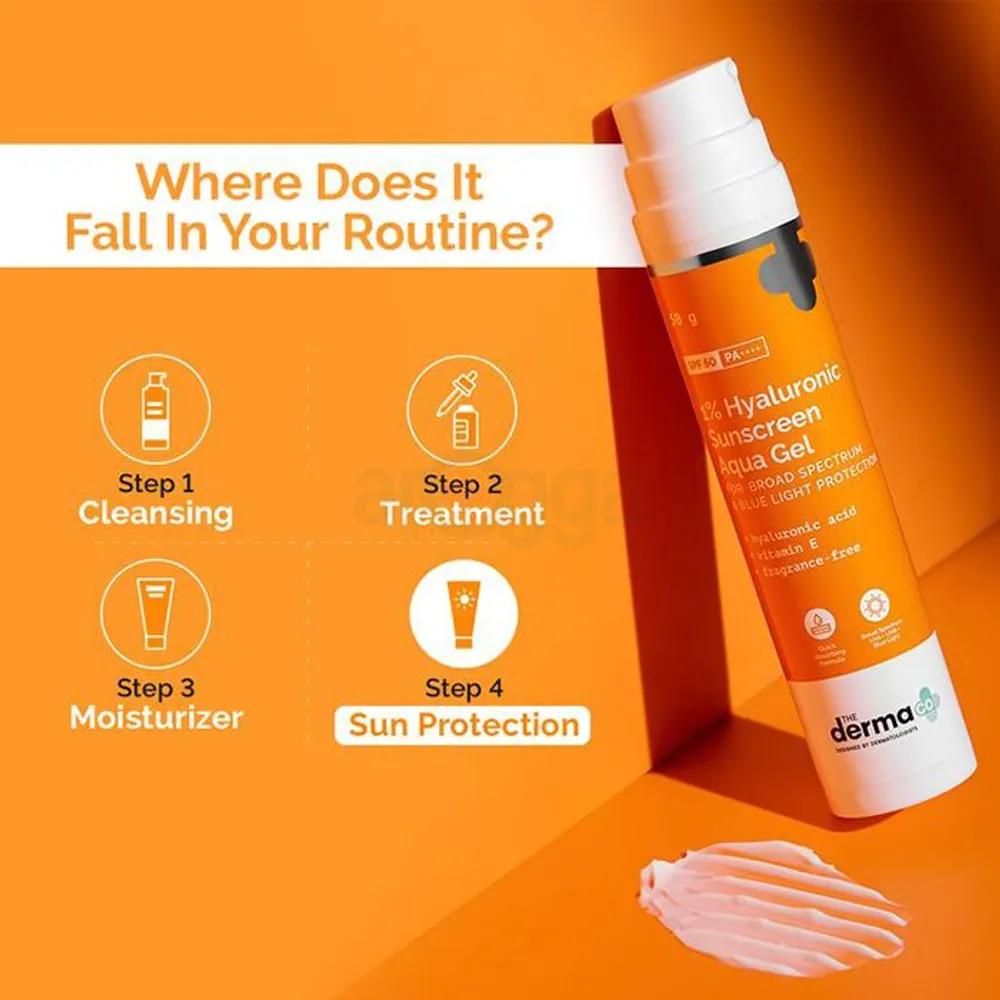 The Derma Co 1% Hyaluronic Sunscreen SPF50 PA++++ Aqua Gel for Broad Spectrum & Blue Light Protection 50gm  
