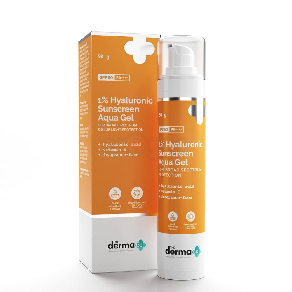 The Derma Co 1% Hyaluronic Sunscreen SPF50 PA++++ Aqua Gel for Broad Spectrum & Blue Light Protection 50gm  