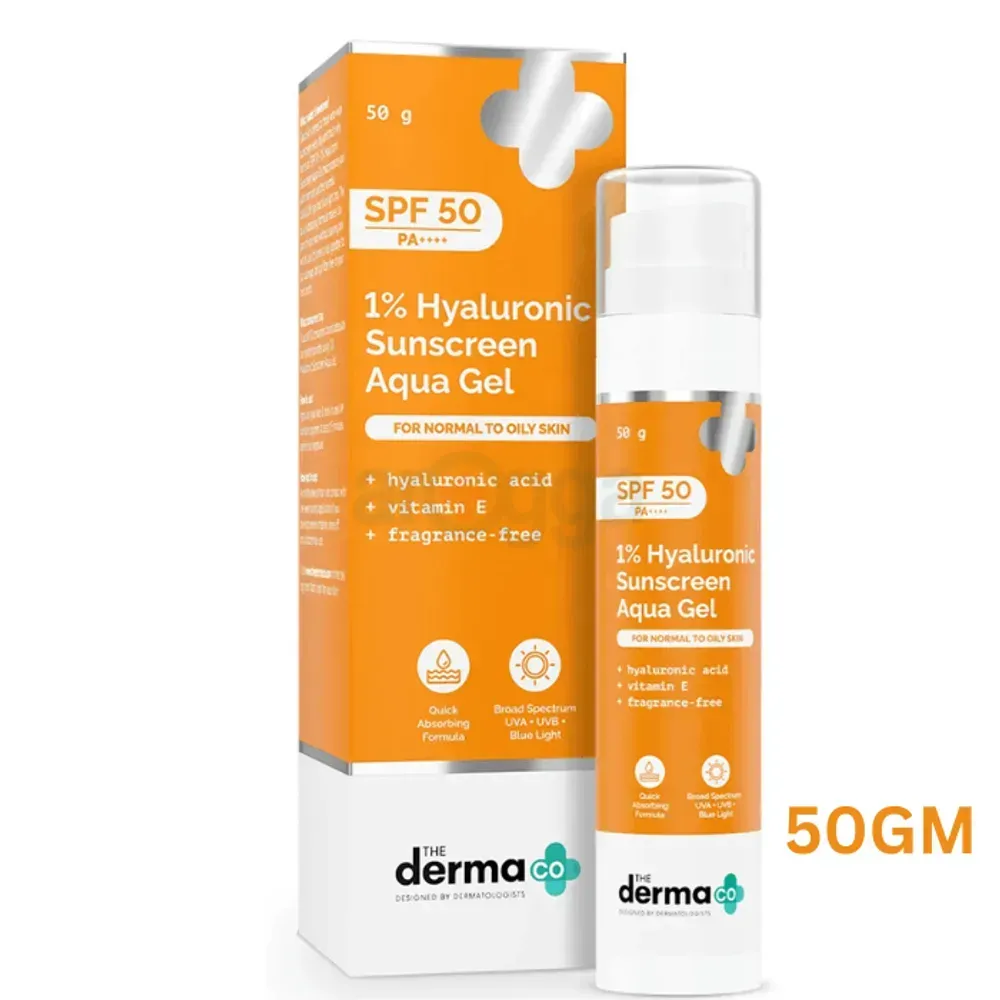 The Derma Co 1% Hyaluronic Sunscreen SPF50 PA++++ Aqua Gel for Broad Spectrum & Blue Light Protection For Normal to Oily Skin  - 50gm  