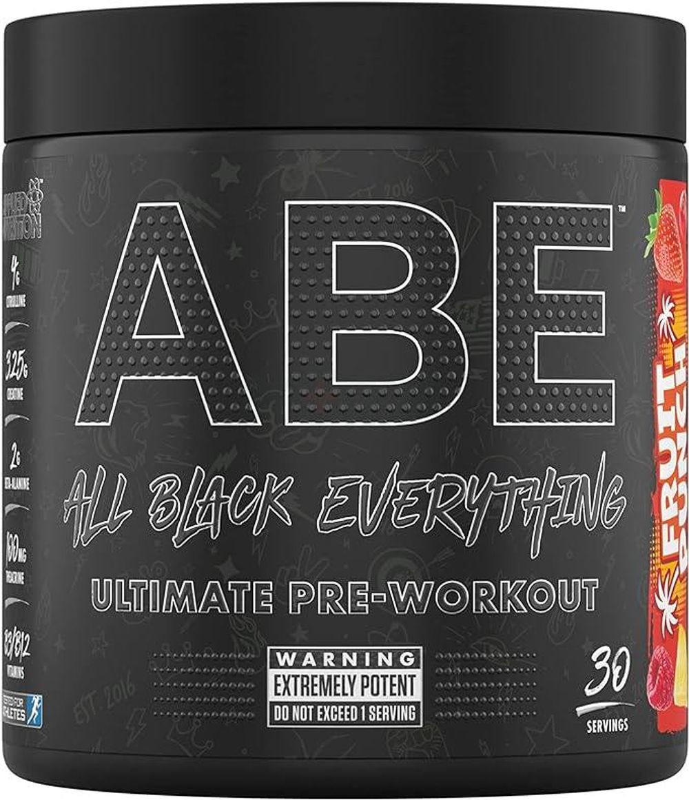 Applied Nutrition ABE Pre Workout - All Black Everything Pre Workout Powder, Energy & Physical Performance with Citrulline, Creatine, Beta Alanine (315g - 30 Servings) (Fruit Punch) Fruit Punch Powder
