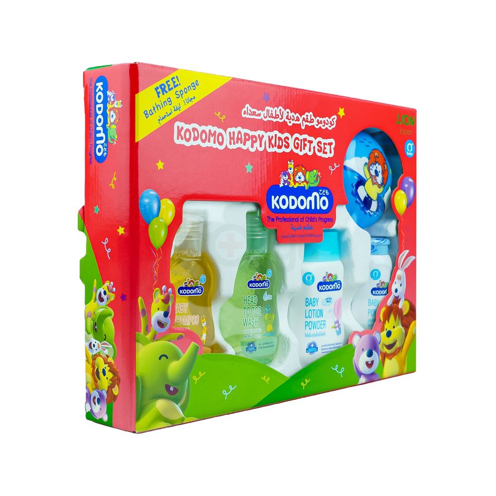 Kodomo Happy Kids Gift Set with Bathing Sponge ( Baby Shampoo + Head to Toe Wash + Baby Powder + Lotion Powder )  