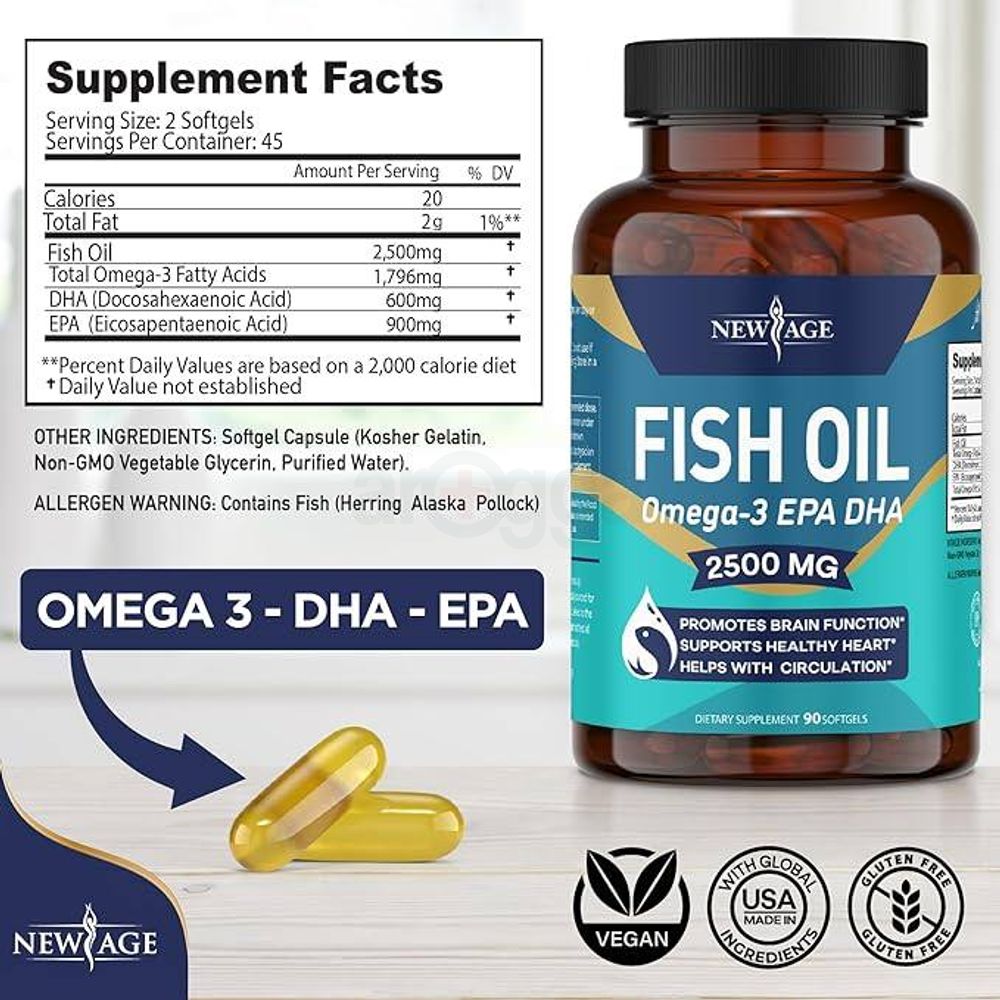 New Age Omega 3 Fish Oil 2500mg 90 Softgels  