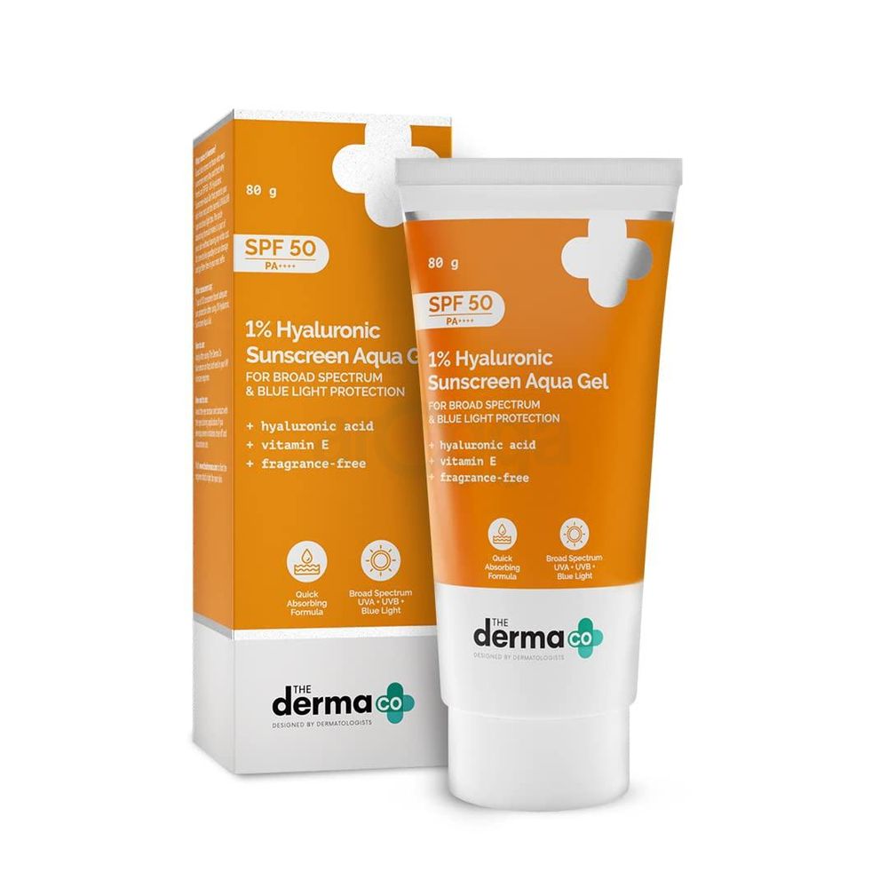 The Derma Co 1% Hyaluronic Sunscreen SPF50 PA++++ Aqua Gel for Broad Spectrum & Blue Light Protection  