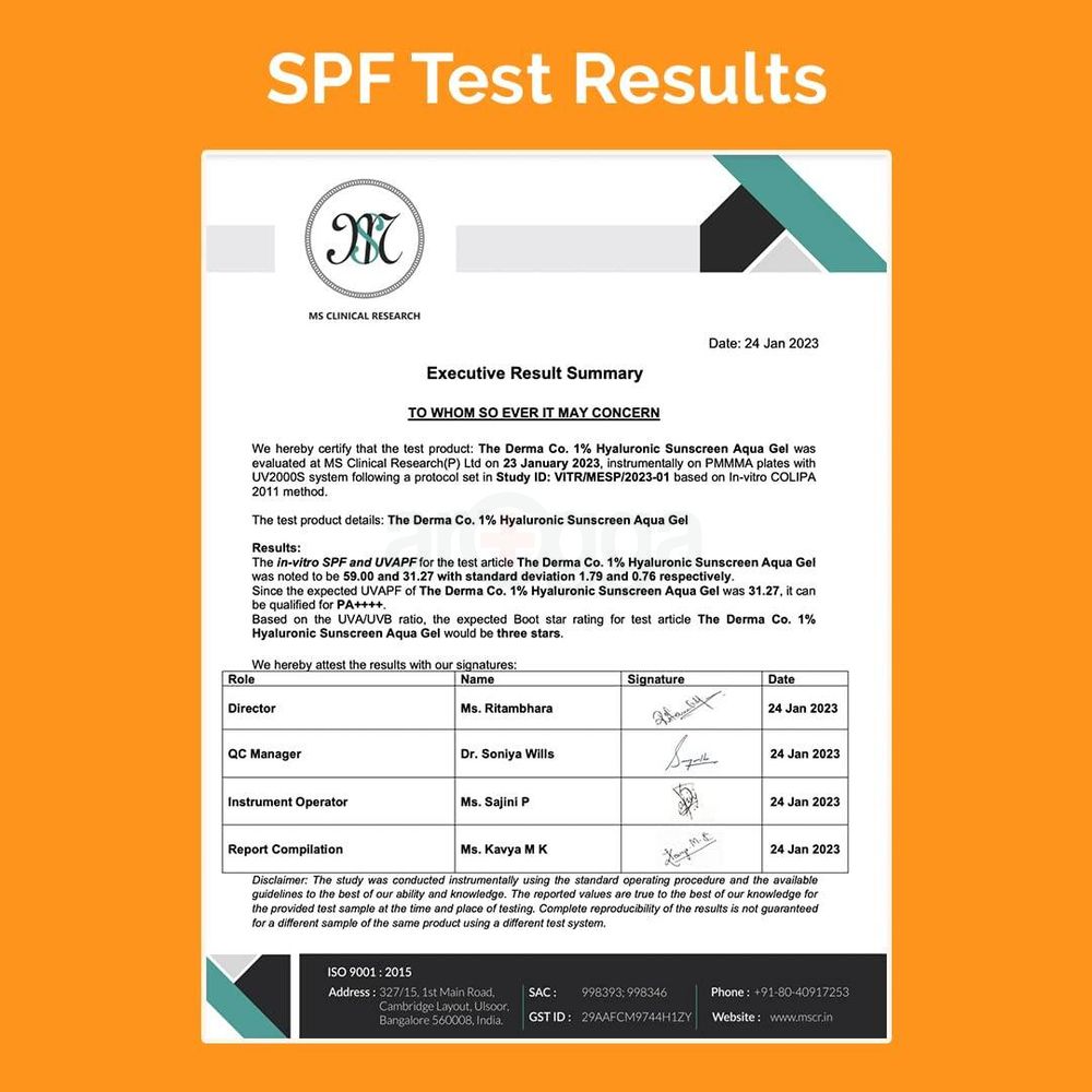 The Derma Co 1% Hyaluronic Sunscreen SPF50 PA++++ Aqua Gel for Broad Spectrum & Blue Light Protection  