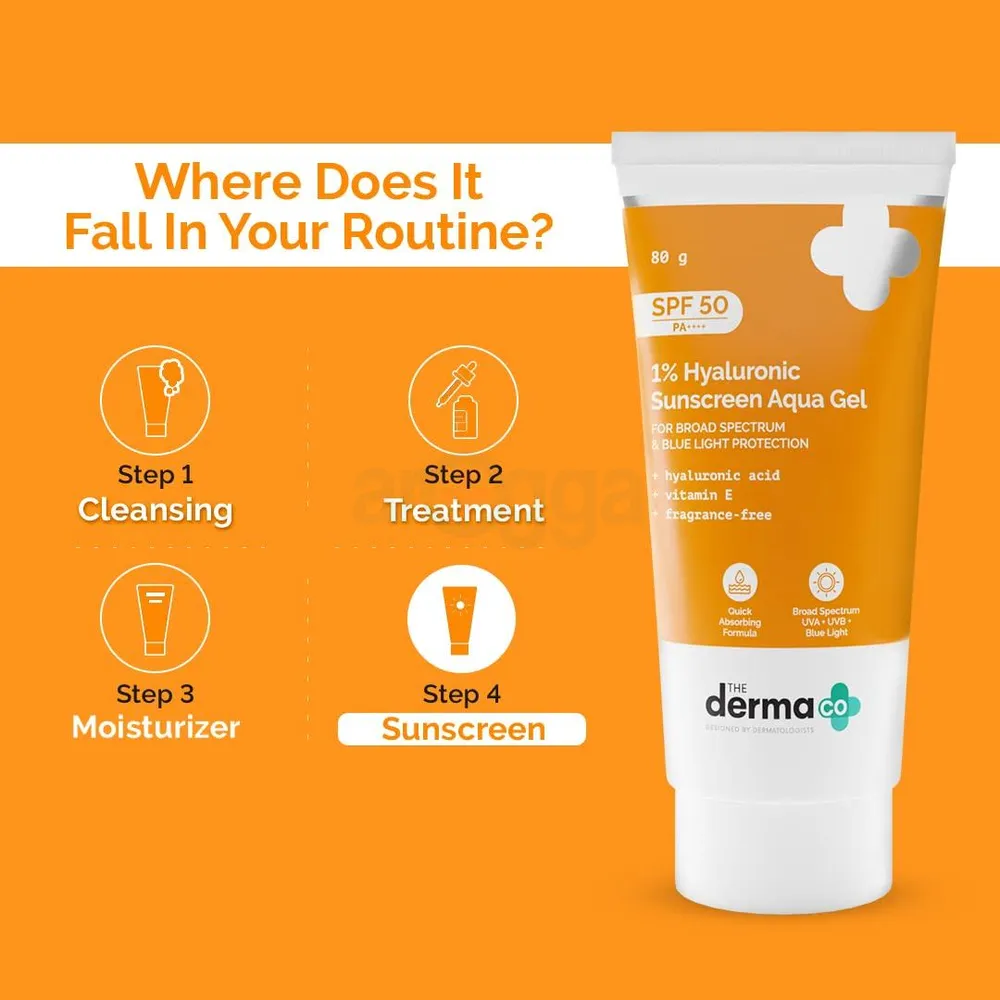 The Derma Co 1% Hyaluronic Sunscreen SPF50 PA++++ Aqua Gel for Broad Spectrum & Blue Light Protection  