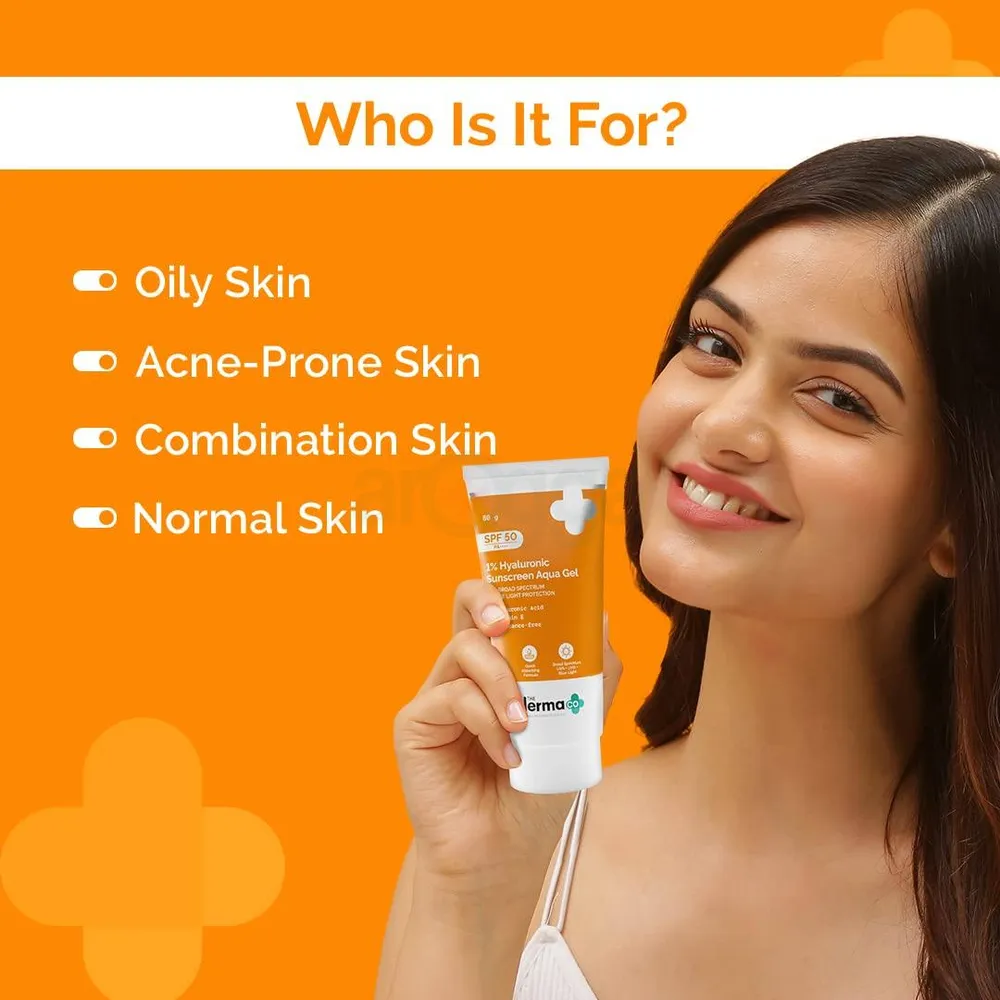 The Derma Co 1% Hyaluronic Sunscreen SPF50 PA++++ Aqua Gel for Broad Spectrum & Blue Light Protection  