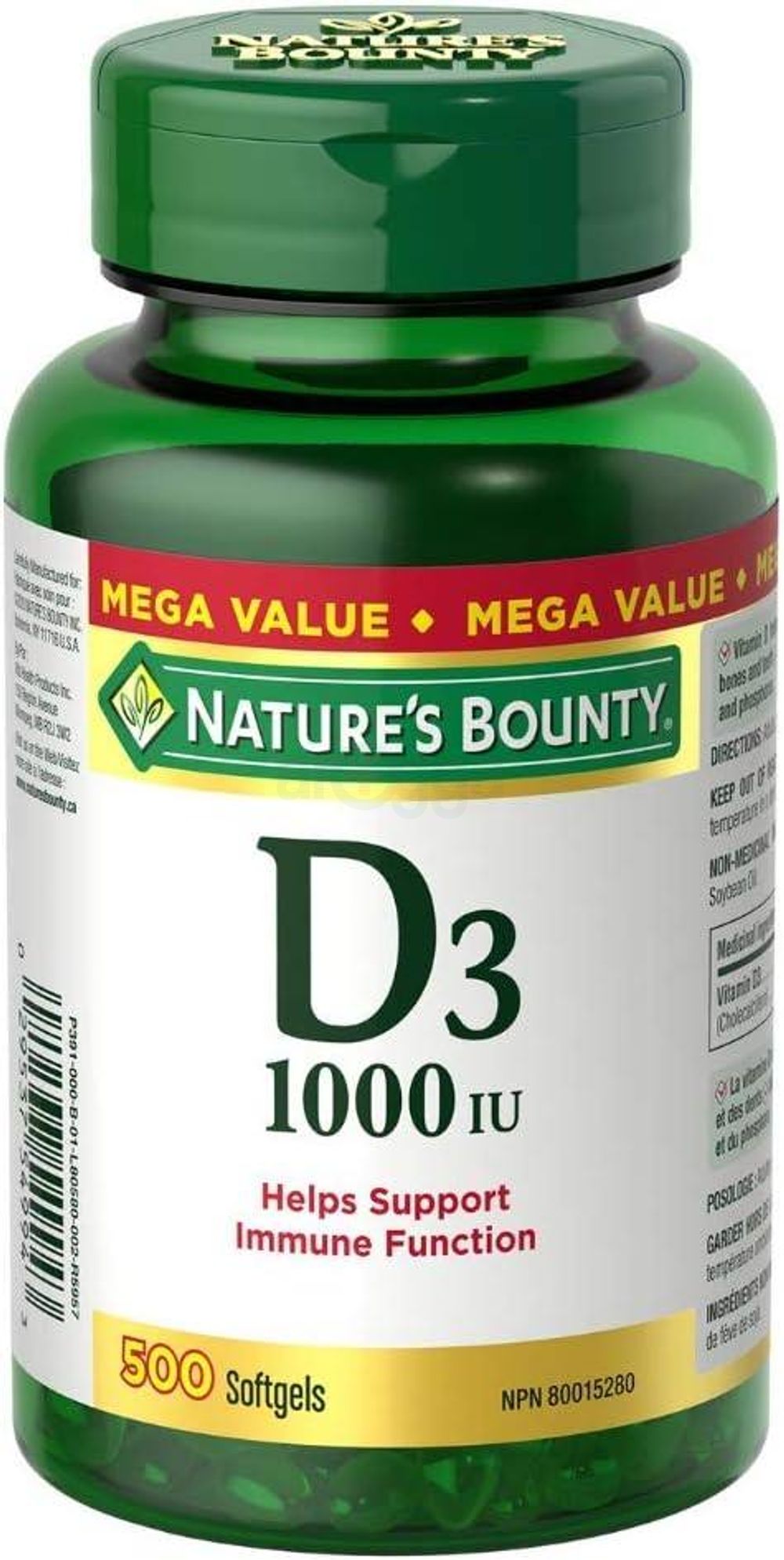 Nature's Bounty Vitamin D3 1000 IU Mega Value 500 Softgels  
