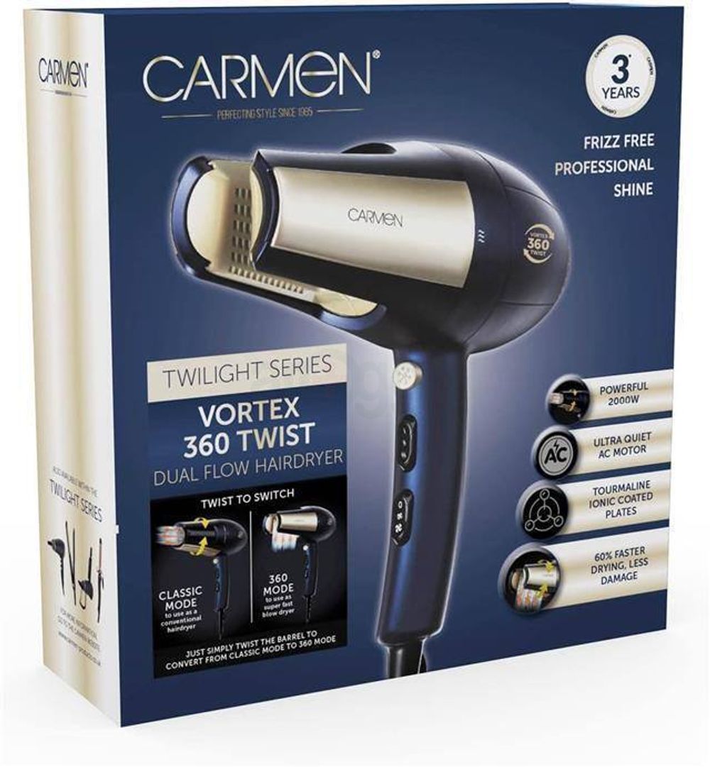 Carmen Twilight Series Vortex 360 Twist Dual Flow Hair Dryer   
