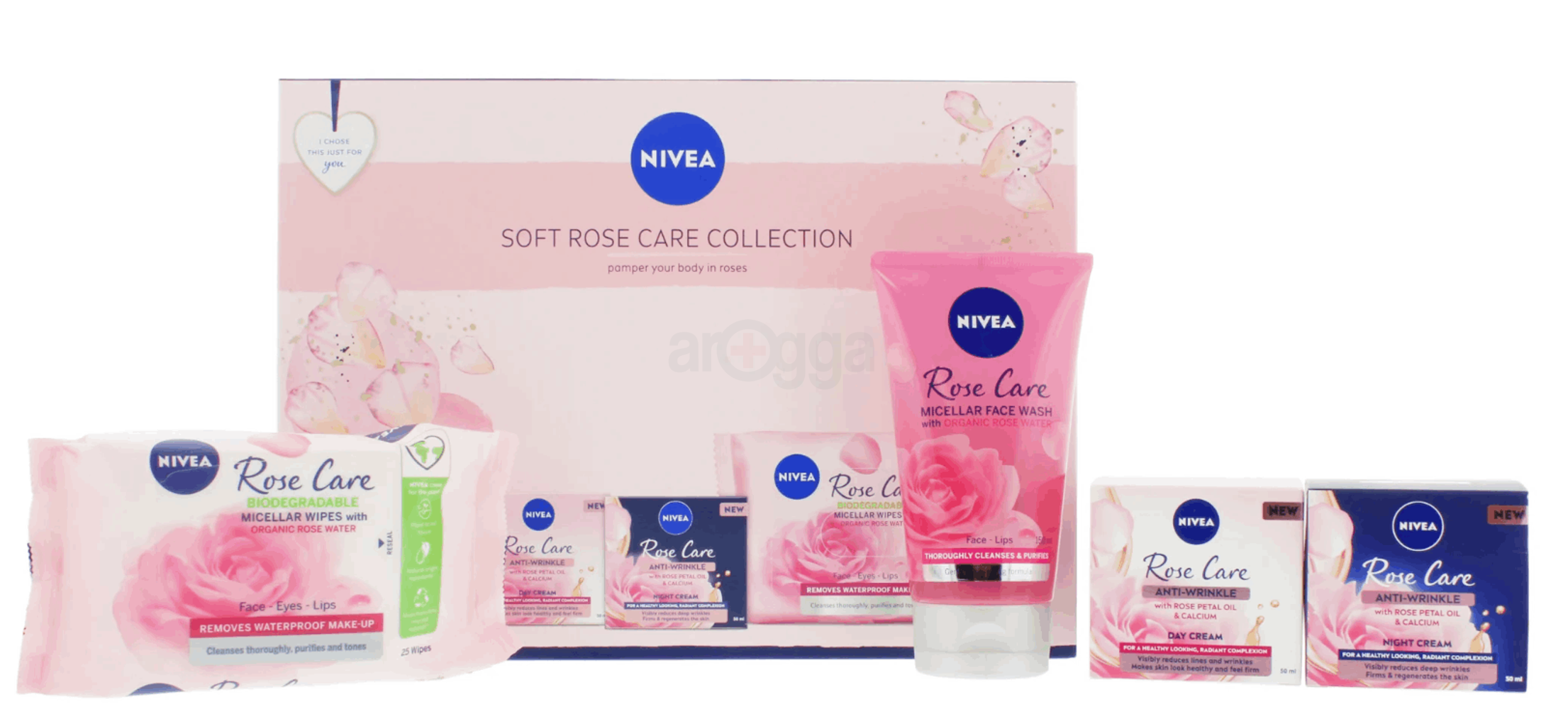 Nivea Soft Rose Care Collection Set ( Nivea  Rose Care Anti-Wrinkle Day Cream with Rose Petal Oil & Calcium + Nivea Rose Care Anti-Wrinkle Night Cream with Rose Petal Oil & Calcium + Nivea Rose Care Biodegradable Organic Rose Water Micellar Wipes for Face-Eyes-Lips )  
