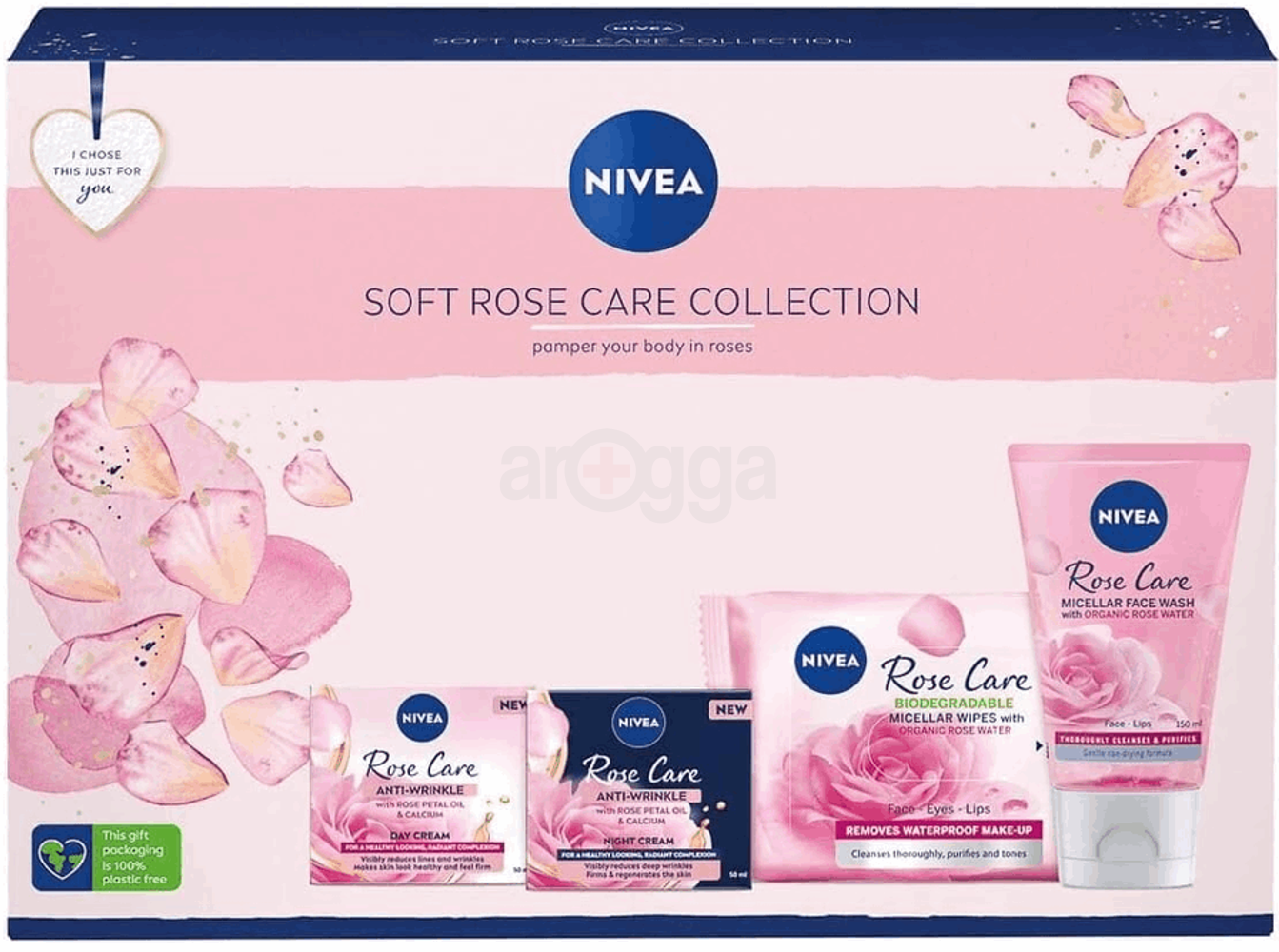 Nivea Soft Rose Care Collection Set ( Nivea  Rose Care Anti-Wrinkle Day Cream with Rose Petal Oil & Calcium + Nivea Rose Care Anti-Wrinkle Night Cream with Rose Petal Oil & Calcium + Nivea Rose Care Biodegradable Organic Rose Water Micellar Wipes for Face-Eyes-Lips )  
