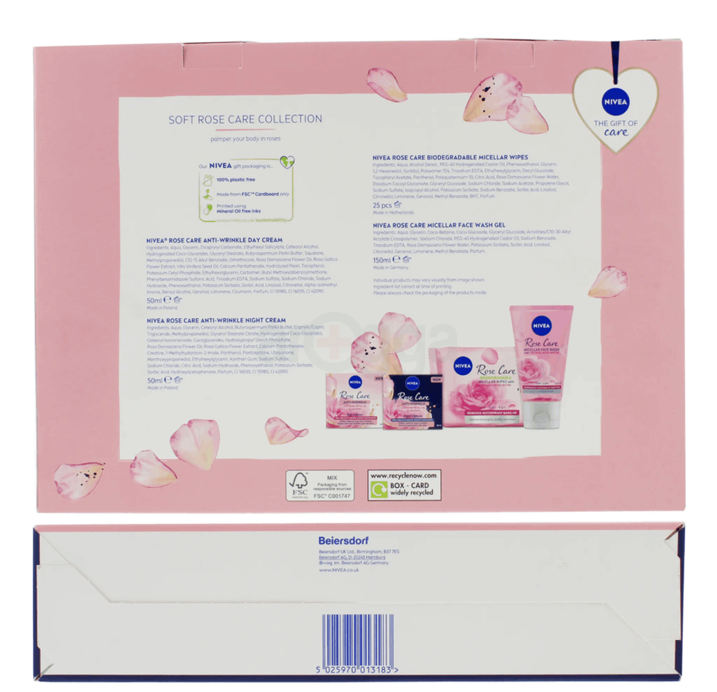 Nivea Soft Rose Care Collection Set ( Nivea  Rose Care Anti-Wrinkle Day Cream with Rose Petal Oil & Calcium + Nivea Rose Care Anti-Wrinkle Night Cream with Rose Petal Oil & Calcium + Nivea Rose Care Biodegradable Organic Rose Water Micellar Wipes for Face-Eyes-Lips )  