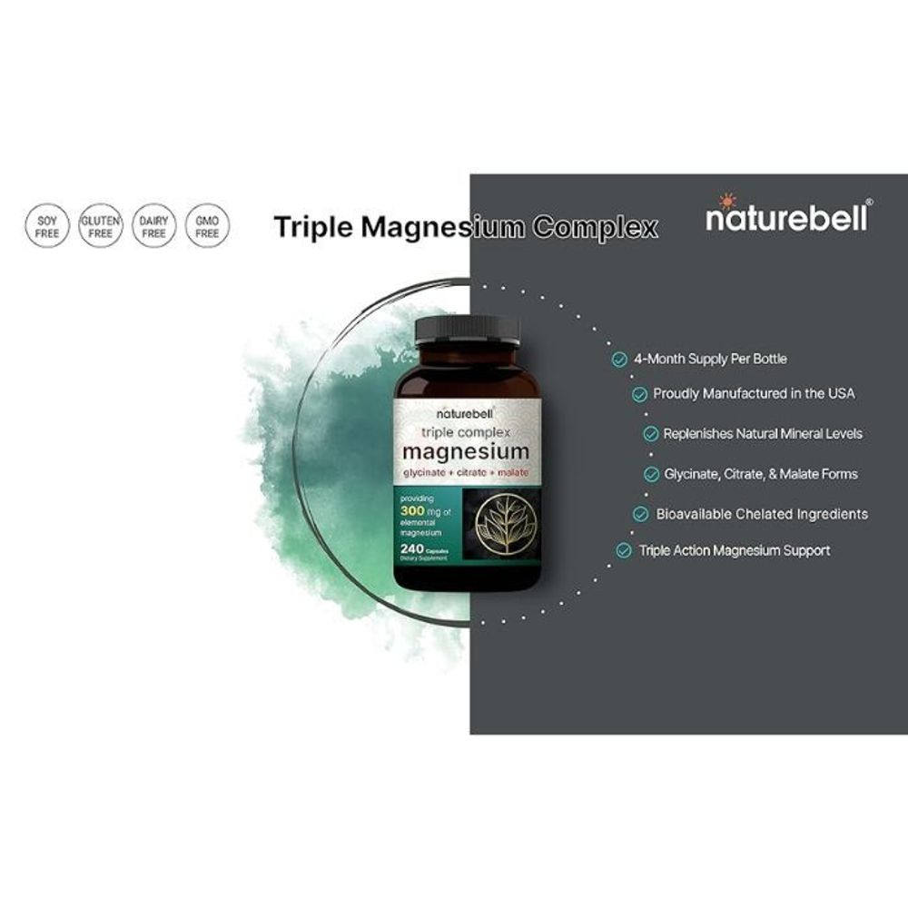 NatureBell Triple Complex Magnesium  (Glycinate + Citrate + Malate) 300mg 240 Capsules  