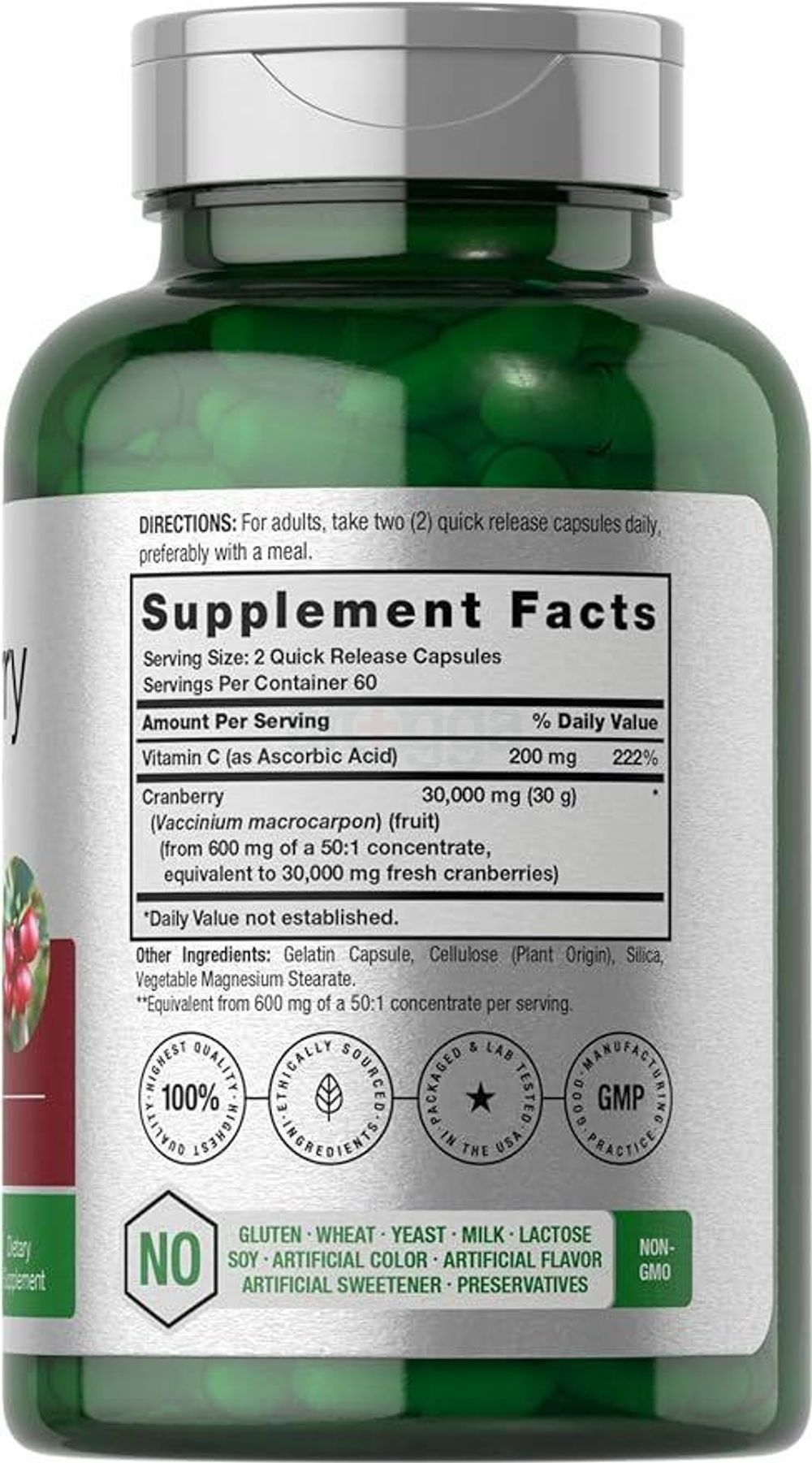 Horbäach Cranberry Concentrate Extract Pills + Vitamin C | 30,000mg | 120 Capsules   