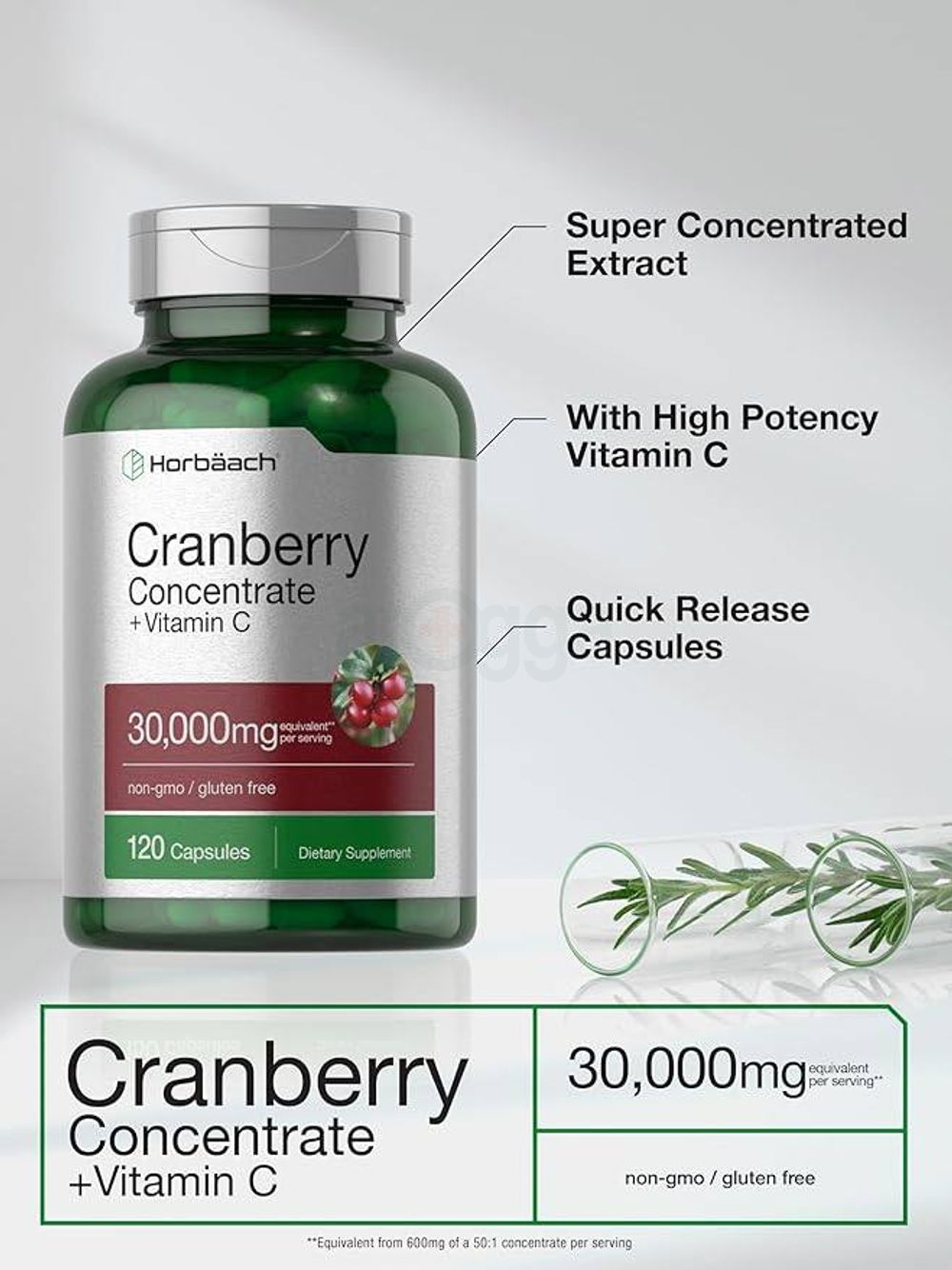 Horbäach Cranberry Concentrate Extract Pills + Vitamin C | 30,000mg | 120 Capsules   