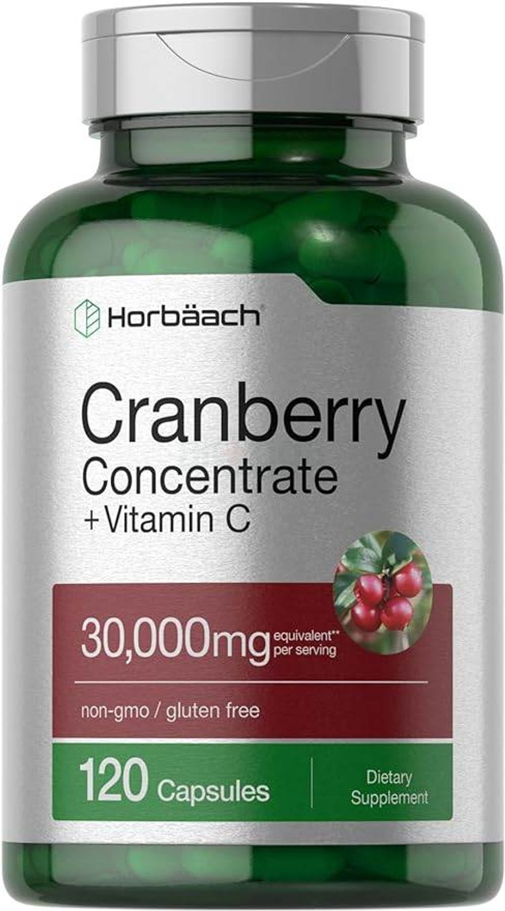 Horbäach Cranberry Concentrate Extract Pills + Vitamin C | 30,000mg | 120 Capsules   