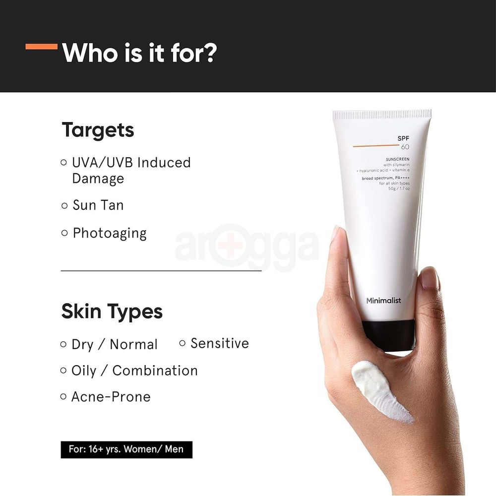 Minimalist SPF 60 Sunscreen with Silymarin + Hyaluronic Acid + Vitamin E PA++++ for All Skin Types  