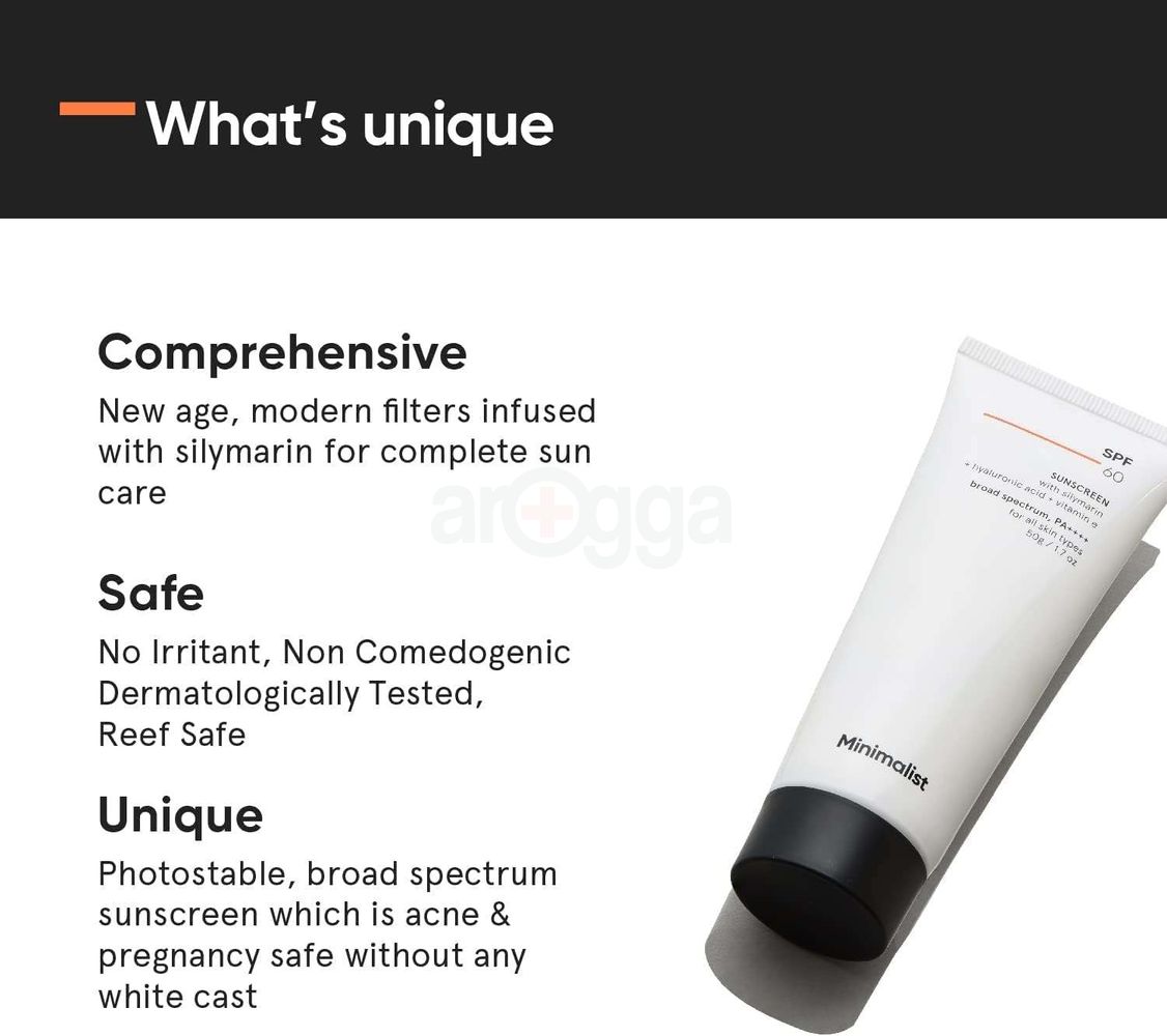 Minimalist SPF 60 Sunscreen with Silymarin + Hyaluronic Acid + Vitamin E PA++++ for All Skin Types  