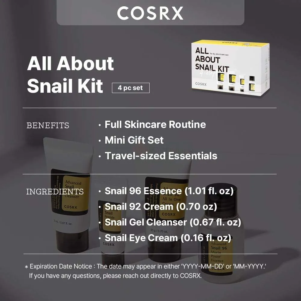 Cosrx All About Snail Kit 4 Step Gift Set for Dry Skin & Dark Spot (Advanced Snail Mucin Cleanser 20ml, Advanced Snail 96 Mucin Power Essence 30ml, Advanced Snail Peptide Eye Cream 5ml & Advanced Snail 92 All In One Cream 20g)  