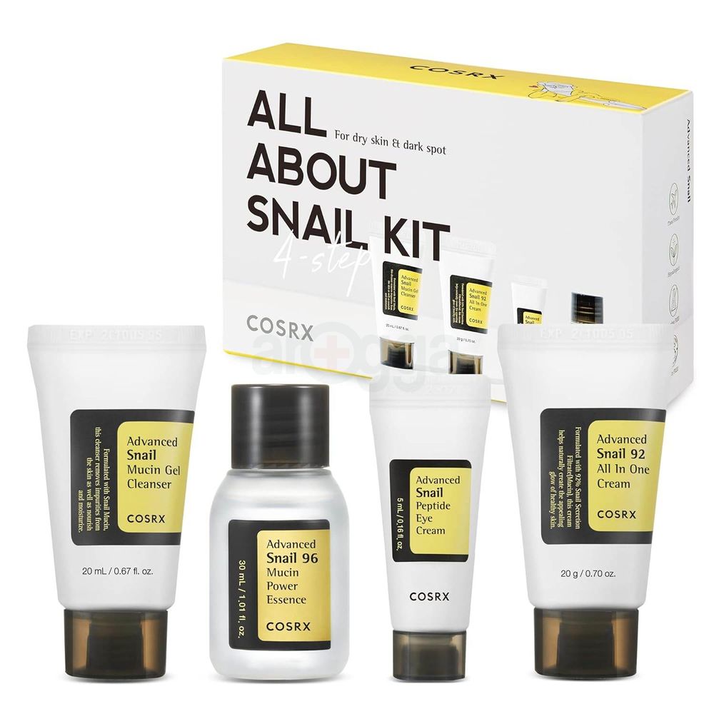 Cosrx All About Snail Kit 4 Step Gift Set for Dry Skin & Dark Spot (Advanced Snail Mucin Cleanser 20ml, Advanced Snail 96 Mucin Power Essence 30ml, Advanced Snail Peptide Eye Cream 5ml & Advanced Snail 92 All In One Cream 20g)  