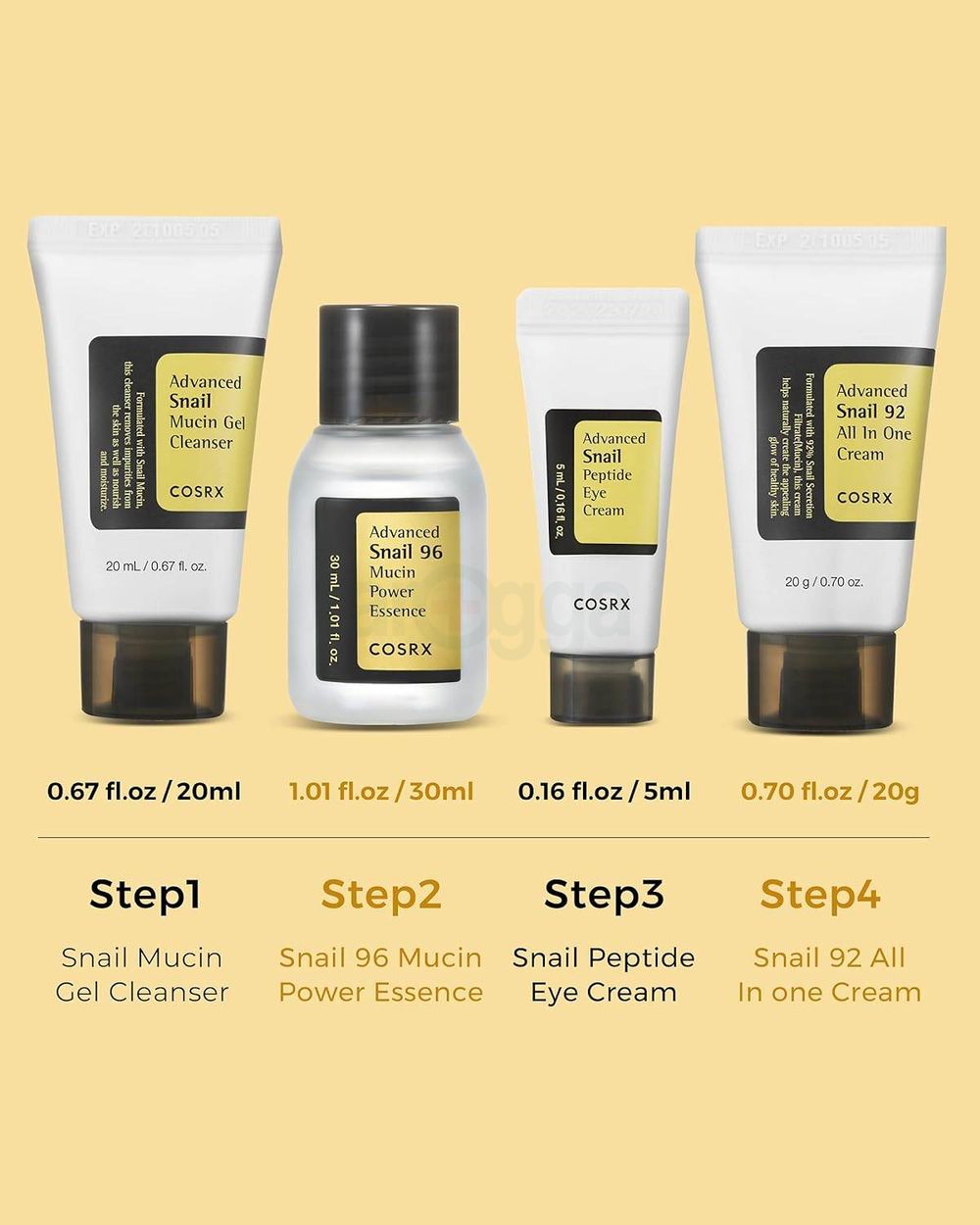 Cosrx All About Snail Kit 4 Step Gift Set for Dry Skin & Dark Spot (Advanced Snail Mucin Cleanser 20ml, Advanced Snail 96 Mucin Power Essence 30ml, Advanced Snail Peptide Eye Cream 5ml & Advanced Snail 92 All In One Cream 20g)  